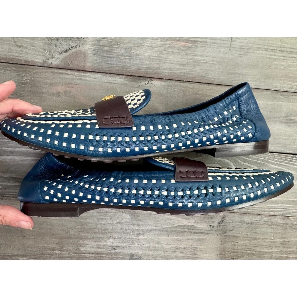 NWOT Tory Burch Blue White Woven Leather Loafers Gold Double T Driving Mocs 9.5M